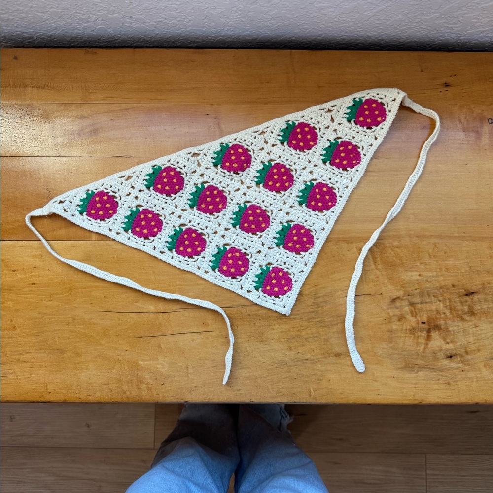 Handmade Cream Crochet Triangle Headscarf with Pink Strawberry Motifs